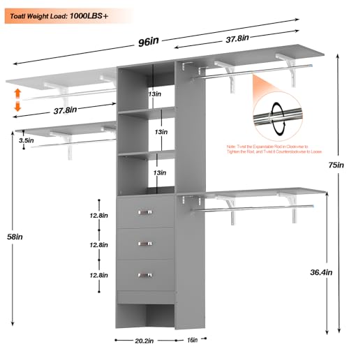 iSunirm 8FT Closet System, 96'' Closet Organizer System with 3 Hanging Rods, Wall Mount Bedroom Wardrobe with 3 Drawers Walk-in Closet, Adjustable Cloth Garment Rack from 5 to 8FT (Cut to Fit), Grey - color: Grey