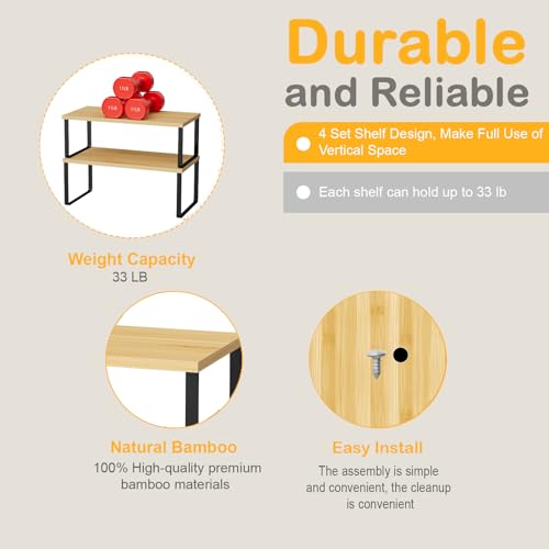OGEMXU Cabinet Shelf Organizers, 15.7 inches Large Kitchen Counter Shelf, Set of 2 Wood Kitchen Pantry Organizer, Storage Shelves for Countertop, Spice Rack, Stackable, Expandable, Metal Black, Nature - color: Black and Natural Beige, size: 2pcs 7.8" D x