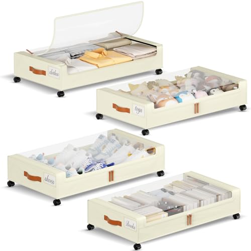 Yecaye Under Bed Storage with Wheels, 4 Pack Under the Bed Storage Containers with Lids & Label, XXL 60L Rolling Underbed Storage Drawers for Clothes, Blankets, Shoes, Beige - color: Beige, size: 4 Pack