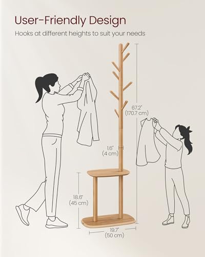 VASAGLE Coat Rack, Free Standing Coat Stand, Hall Coat Tree with 8 Hooks and Storage Shelf, 67.2 Inch Tall, for Coats, Hats, Bags, for Entryway, Hallway, Bedroom, Natural Beige URCR040N02 - color: Natural Beige, style: rectangular tray