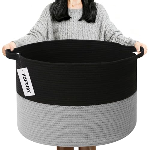 90L Extra Large Blanket Basket,Woven Laundry Basket Hamper with Handles, Decorative Nursery Basket Storage Bin for Toys, Clothes Organizer, Living Room, Bedroom, Bathroom, Black&Light Grey - color: Black&Light Grey, size: 21.7"L x 21.7"W x 13.8"H（90L)