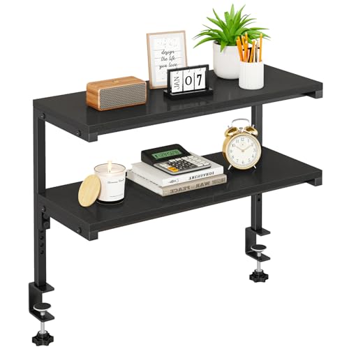 IBUYKE Clamp on Desk Shelf, 22.8” Large Desk Extender Shelves,Tool-Free Flexible Repositioning and Adjustable 2-Tier Storage Shelves for Desktop Accessories Below Desk TMZ010B - color: Black