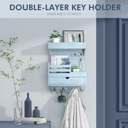 Rebee Vision Farmhouse Key Holder Wall Mount with Drawer Organizer – Pine Wooden Mail & Key Organizer with 6 Sturdy Hooks & Floating Shelf – A Perfect Touch of Style for Rustic Home Decor (Blue) - color: Blue, style: Large Drawer