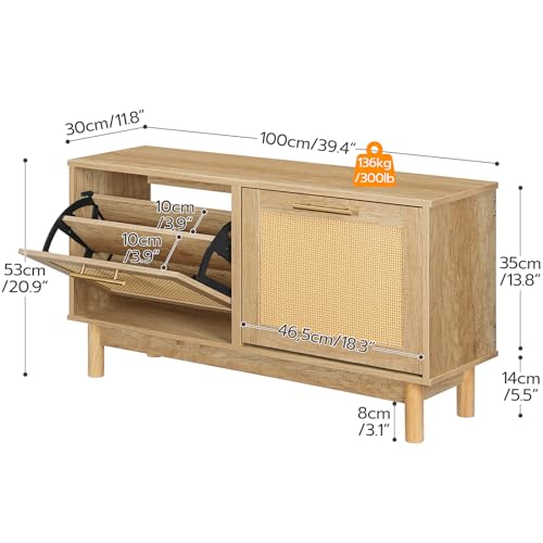 HOOBRO Shoe Storage Bench, Rattan Entryway Bench with 2 Flip Drawers, 39.4'' Hidden Shoe Cabinet with Adjustable Shelves, Comfort Seat Holds 300lb, Large Capacity Fits 8-12 Pairs, Natural NL51HX01 - color: Natural