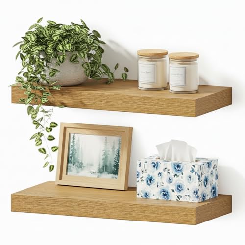 Vivelove Floating Shelves for Wall Mounted, 16 inchs Shelf for Small Bathroom, Bedroom, Living Room, Kitchen, Modern Home Decor, Rustic Farmhouse Wall Shelves with Invisible Brackets - Set of 2, Oak - color: Oak, size: 16”Wx6.7”Dx1.4”H