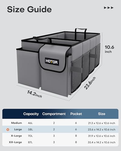HOTOR Trunk Organizer for Car - Car Organizer, Foldable Trunk organizer for SUVs & Sedans, Sturdy Organization for Car Accessories, Tools, Sundries, Grey, 2 Compartments, 23.6"×14.2"×10.6" - color: Grey, size: Large (2 Compartments)