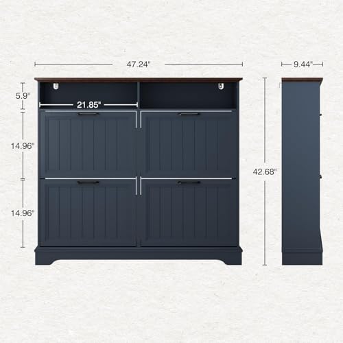 Shoe Storage Cabinet with 4 Flip Drawers, Farmhouse Modern Hidden Shoes Rack Cabinet with Adjustable Shelves & Open Storage, Narrow Slim Shoe Organizer for Front Door Entrance, Entryway, Navy Blue - color: Navy Blue, size: 4-Drawers