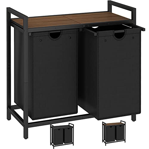 LAATOOREE Laundry Hamper, Two-Color 2 × 48L Laundry Basket with 2 Removable Laundry Sorter Bags and Top Shelf, Clothes Hamper for Laundry Room, Bathroom - style: 2bags-Black Walnut