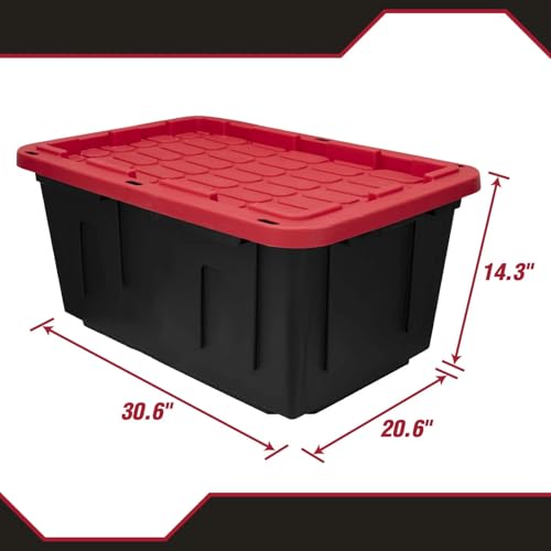 27 Gallon Large Storage Bin with Snap Lid, Black and Red, Heavy Duty Plastic Storage Container