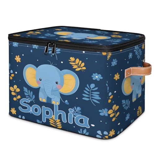 Custom Storage Basket with Name, Personalized Storage Bins with Zipper Lid, Foldable Fabric Storage Box Large capacity with Handle Elephant Flower Leaves - color: Option 19