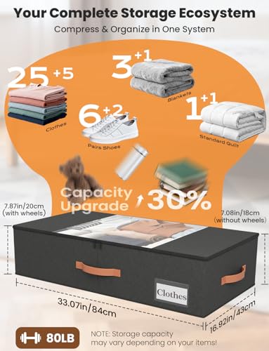 2-Pack Under Bed Storage Bins with Wheels and 6 Vacuum Seal Bags, Heavy Duty 80lbs Capacity, 65L Clear Lid Organizer for Dorm Bedroom Clothes Shoes Toys, Quick Assembly Space Saver (Black, 7.9'' PLUS) - color: Black, size: 7.9 inches PLUS