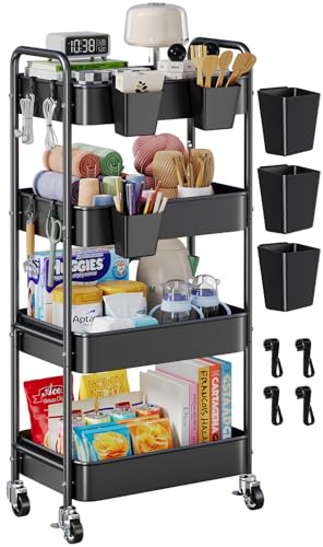 4 Tier Rolling Cart Metal with Wheels, Black Four Tiered Rolling Storage Cart on Wheels, Utility Roller Carts Organizer for Art, Craft, Baby Diaper Caddy, Snack, Book, Large-Capacity Shelving Units - color: Matte Black, size: 4-Tier + Cups + Hooks