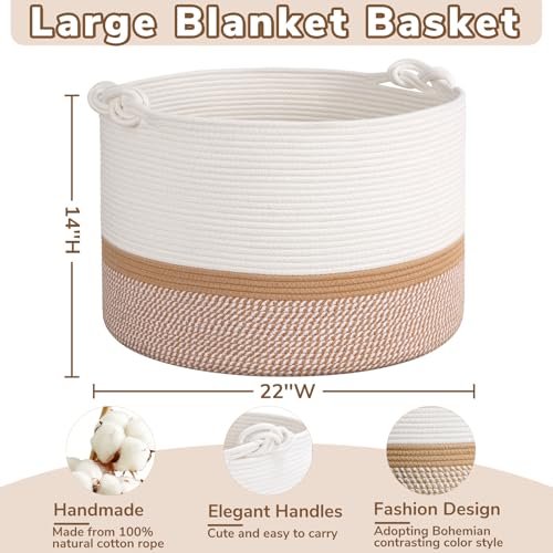 CherryNow 22"x22"x14" Large Blanket Basket, Home Décor for Living Room Bedroom, Cotton Rope Laundry Basket for Clothes Pillows, Baby Fall Decorations for Home Toy Storage, White & Camel - color: White & Mix Camel, size: 83L (22"W x 14"H)