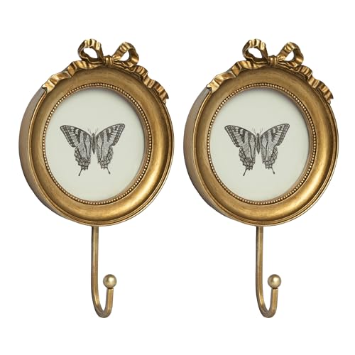 AELS Decorative Wall Hooks with 4"x4" Bow Picture Frame, Vintage Photo Holder with Golden Hook for Coats, Purses, Towels and Keys, Ideal for Entryway, Bedroom or Wedding Decor, Gift Ideas - color: 4X4