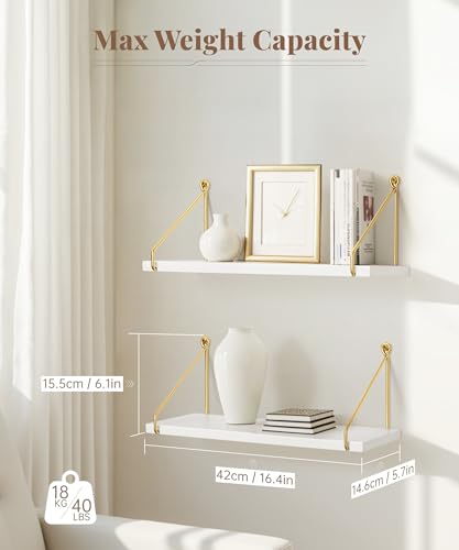 Afuly Floating Shelves for Wall, Metallic Gold White Wall Mounted Shelves, Shelves for Bathroom Kitchen Bedroom Solid Wood Metal Chic Bookshelf, Set of 2 - color: White & Gold, size: 5.7"D x 16.5"W