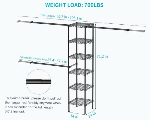Ulif M1 Closet Storage Organizer System, 6 Tiers Heavy Duty Metal Garment Rack with 3 Expandable Hanger Rods, Wall Mounted Space Saver Suits from 5.4-8.7 ft. Width, 71.2”H x 14”D, 700LBS, Black - color: Black