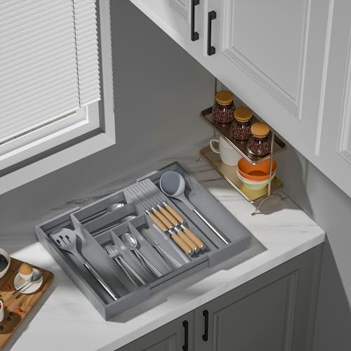 TIOPGHAD Bamboo-Silverware-Drawer-Organizer-Kitchen, Expandable Utensil Holder Cutlery Tray Flatware Organization Adjustable Wood Tableware Dividers Storage (with Removable Knife Block)(Grey) - color: Grey, size: Large