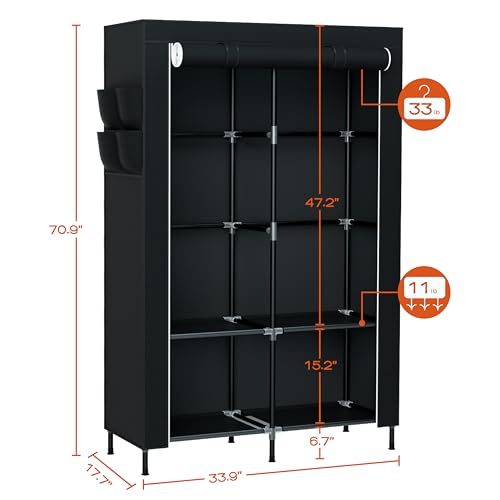 CASAMAYA Portable Closet, 34 Inch Large Capacity Wardrobe Closet with Cover, Clothes Storage Organizer with Shelves and 2 Hanging Rods, Easy to Assembly, Black PCT202B01 - size: 34"L x 17.7"W x 70.9"H