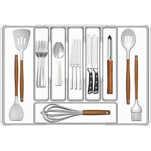 Silverware Drawer Organizer, Expandable Utensil Tray for Kitchen Drawers,BPA Free Flatware and Cutlery Holder,Adjustable Plastic Storage for Utensil like Spoons, Forks, Knives.Clear - color: Clear-8 grid