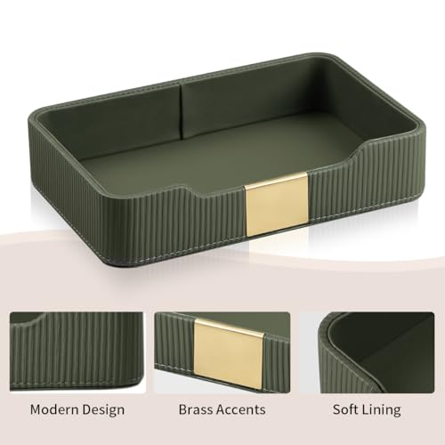 Valet Tray Desktop Storage Organizer, PU Leather Catchall Bedside Vanity Tray with Brass Accents Block Nightstand Organizer for Keys Watch Wallet Phone, Decorative Nightstand Storage (Green) - color: Green