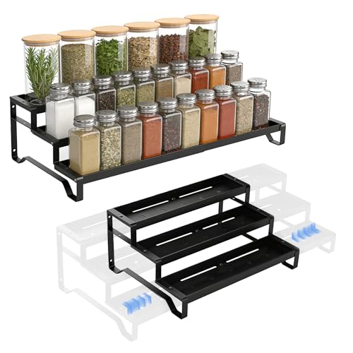 SANKEU Expandable Spice Rack Organizer for Cabinet 3 Tiered Metal Seasoning Organization with Guardrails Spice Shelf Storage for Jars Adjustable Length 13"-21" Black 1Pack - color: Black, size: 1 Pack