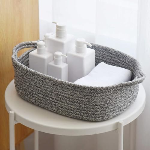 Woven Cotton Rope Storage Basket, Cube Changing Table Organizer for Closet Towels, Baby Nursery Bin, Small Dog Cat Toy Box, Gift Baskets empty (14.5"x 11"x 5") by CIKI HOME - color: grey