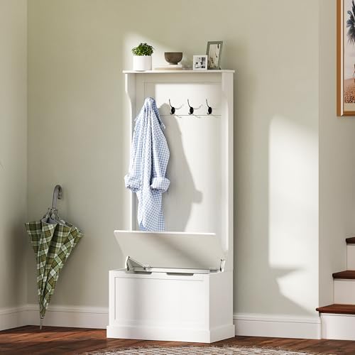 HOMCOM Hall Tree with Bench and Shoe Storage, 3-in-1 Entryway Bench with Coat Rack, 4 Hooks and Flip Top Storage Compartment, Cream White - color: Cream White, size: 28"