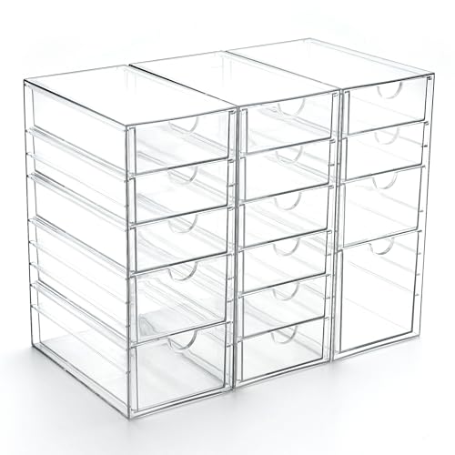 Prsildan Acrylic Drawer Organizer with 15 Drawers, Makeup Craft Office Desk Organizers Accessories, Set of 3 Clear Stackable Storage Drawers for Vanity, Countertop, Jewelry, Art Supply Organization - style: 15 Drawers