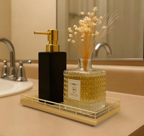 Bathroom Vanity Tray for Countertop, 12" x 6" Oak Wood Toilet Tank Tray with Metal Guardrail, Bathroom Organizer for Soap, Perfume & Skincare, Non-Slip Decorative Tray for Dresser & Vanity, Gold - color: All Golden, size: 12" x 6" x 1.5"
