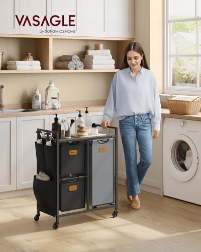 VASAGLE Laundry Hamper with 3 Compartments, 26.4 Gal. (100 L) Laundry Sorter, Rolling Laundry Cart with Shelves, Small Side Pockets, 6 Labels, Chestnut Brown, Ink Black and Dove Gray UBLH202B01 - color: Chestnut Brown + Ink Black + Dove Gray, size: 3 Bags