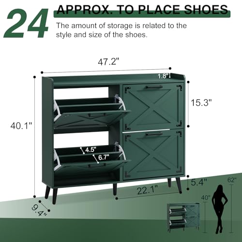 Barnyatoh Shoe Storage Cabinet,Farmhouse Shoe Organizer with 4 Flip Drawers & Barn Door Design,Freestanding Hidden Slim Narrow Shoe Rack Cabinet for Entryway,Foyer,Hallway,Green - color: Green, size: 4-Drawers