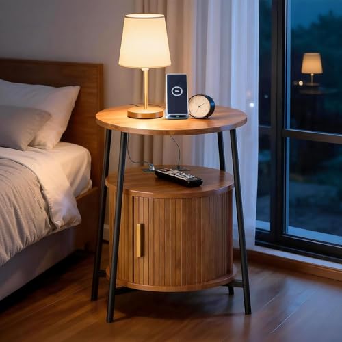 Round End Tables with Drawer: Fluted Side Table with Charging Station, Mid-Century Modern Nightstand with Sliding Door for Small Space Storage, Living Room, Bedroom - color: Honey Walnut, size: 1 PACK