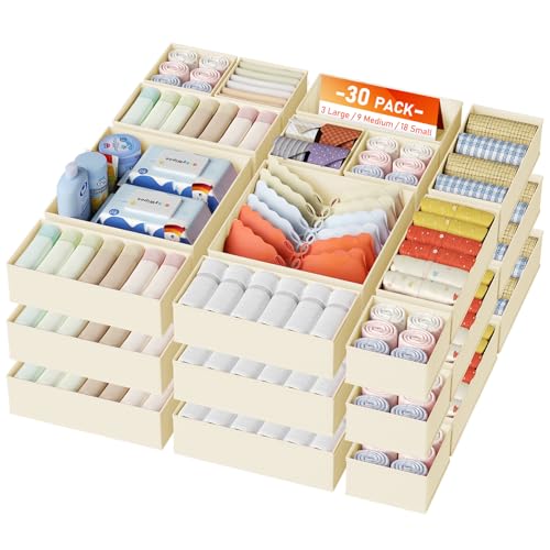 DIMJ Drawer Organizer Clothes Storage - 30 Pack Baby Dresser Organizer for Nursery, Foldable Closet Drawer Organizer Bins for Bedroom Organization, Fabric Storage Dividers for Socks, Underwears, Bras - color: Beige, size: 30 Pack