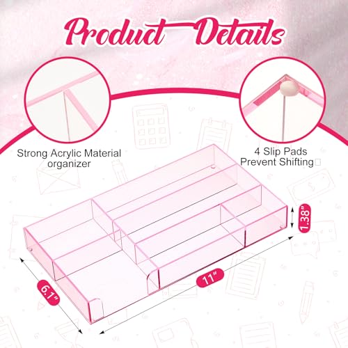 Briwooody Translucent Pink Acrylic Desk Drawer Organizer 11 x 6.1 x 1.38 Inch Storage Tray Organizer for Pens, Stationery, Desktop, Office, Bathroom, Kitchen, Makeup Supplies (6 Compartments) - color: Translucent Pink, size: 11 x 6.1 x 1.38 Inch, style: 6