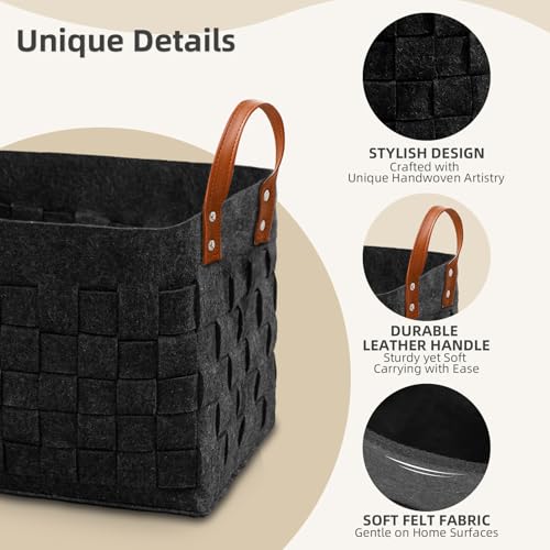 boldmonkey Laundry Basket 16.5 " x13 x13 , Large Rectangular Blanket Basket with Leather Handle, Felt Storage Basket for Living Room, Nursery, Dog Toys-Dark Gray - color: Dark Gray