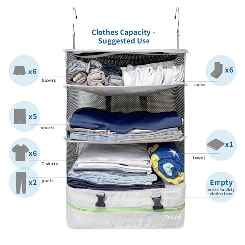 Grand Fusion Stow-N-Go Packing Organizer for Luggage, Portable Hanging Travel Shelves, Carry-On Closet, Hanging Packing Cubes, Collapsible Carry-On Organizer for Cruises & Hotels. Light Gray - XL - color: Light Gray, size: XL = (L) 17.7" x (W) 11.8"