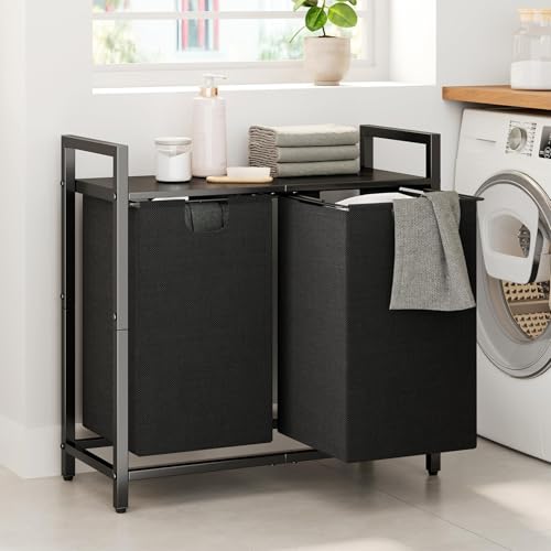 Kitstorack Laundry Basket Organizer, Laundry Hamper with Shelf & 2 Pull-Out Removable Bags, Dirty Clothes Hamper Organizer for Laundry Room Bathroom and Dorm, 2 x 11.8 gallons (44.5L) - color: Black, size: 2 Bags(28.4"L x 12.6"W x 27.6"H)