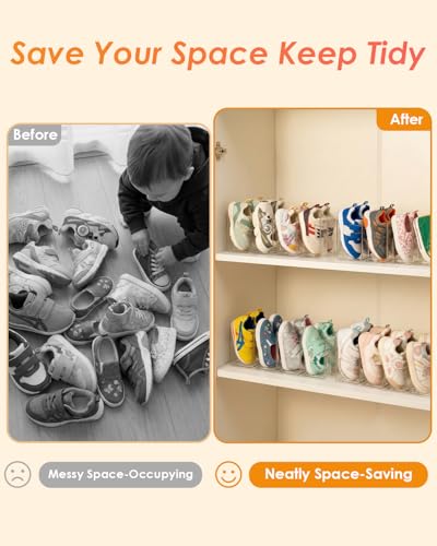 HAYVAN Kids Shoe Rack & Organizer, 4 Pack Clear Acrylic Baby Toddler Shoe Shelf, Stackable Closet Storage & Multi-Use Desk File Sorter Book Purse Organizer