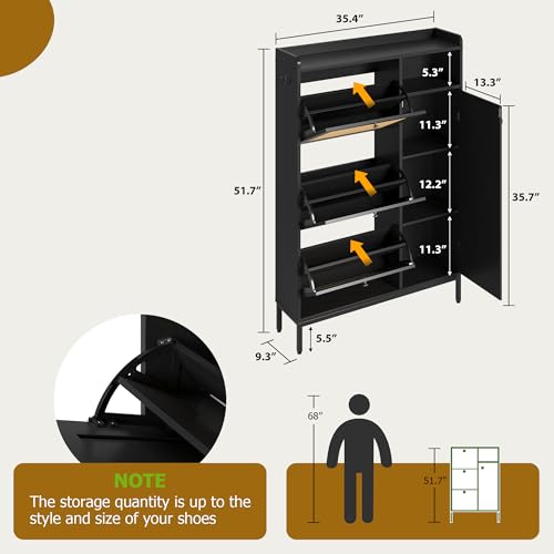 GarveeHome Shoe Cabinet Rattan with 3 Flip Drawers and 4-Tier Shoe Storage Cabinet, Freestanding Shoe Organizer with Adjustable Shelves for Entryway, Closet, Hallway (Black) - color: Black, size: 3-Drawers + 1-Door