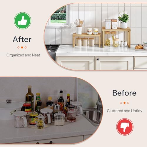 HOOBRO Cabinet Organizer Shelf, Set of 2 Kitchen Counter Shelves, Expandable Kitchen Storage, Stackable Bamboo Spice Rack, for Kitchen, Countertop, Office Desk, Living Room, Natural YL20TL01 - color: Natural