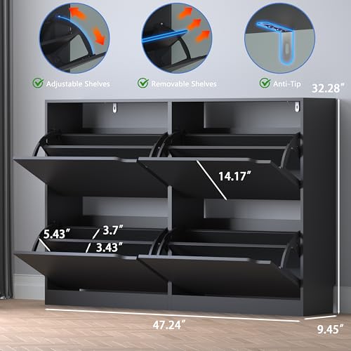 BORNOON Shoe Cabinet with 4 Flip Drawers, Narrow Hidden Shoe Storage Cabinet, Slim Freestanding Shoe Rack Organizer for Entryway, Hallway, Bedroom, Living Room - color: Black, size: 4 Drawers