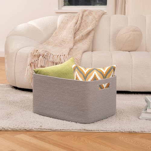 OIAHOMY 75L Large Blanket Basket, Woven Blanket Storage Basket with Handle, Cotton Rope Basket for Organizing 22”x17”x12”, Blanket Basket living Room, Toy Basket for Nursery, Grey - color: Grey, size: 22”x17”x12”