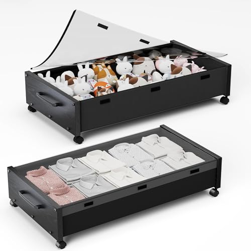 KITHELP Under Bed Storage with Wheels, Wooden Under Bed Drawers 2 Packs, Rolling Underbed Storage Containers Organizer with Handle Removable Lid, Heavy Duty Metal Frame for Clothes Shoe Books(Black) - color: Black Wood-2pack