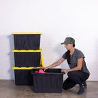 Plastic 23-Gallon Storage Tote with Lockable Lid, Stackable Tough Regular-Duty Bin for Garage, Tools, and Home Organization (2-Pack) - Black and Yellow - size: 23-Gallon (2-Pack)