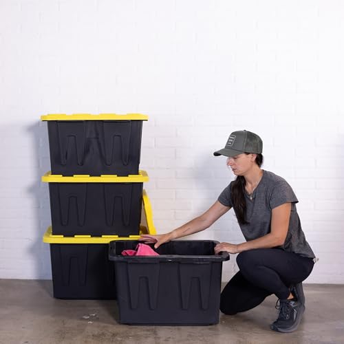 Plastic 23-Gallon Storage Tote with Lockable Lid, Stackable Tough Regular-Duty Bin for Garage, Tools, and Home Organization (2-Pack) - Black and Yellow - size: 23-Gallon (2-Pack)