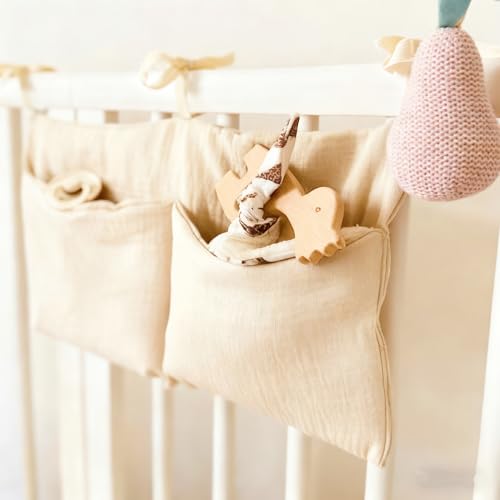 Muslin Cotton Baby Bedside Hanging Storage Bag, 2-Pocket Crib Diaper Caddy Organizer, Nursery Organization Holder for Cribs, Playard, Changing Table or Wall, Milk Bottle Bib Organizing Oatmeal