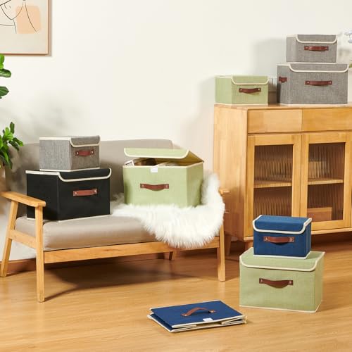 Storage Boxes with Lid Cotton Linen Fabric Storage Bins Organizer Container Decorative Collapsible Washable Shelf Baskets Faux Leather Handles for Home Bedroom Closet (Black, Large Size) - color: Black, size: Large (Set of 1)