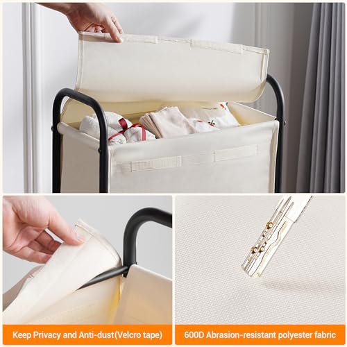 ELYKEN Slim Laundry Hamper with Lid, 50L Small Rolling Laundry Basket on Wheels, 7.9” Narrow Dirty Cloth Cart with Removable Inner Bag for Small Bathroom, Bedroom, Creamy - style: Creamy-50L