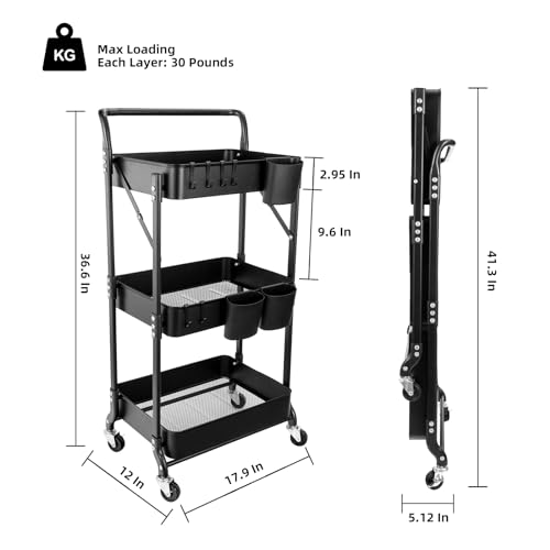 3 Tier Foldable Rolling Cart with Wheels, Folding Utility Cart Organizer, Collapsible Rolling Storage Cart with 3 Hanging Cups & 6 Hooks for Kitchen, Office, Nursery(Black) - color: Black