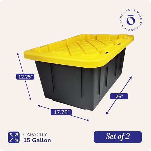 HOMZ 2-Pack Durabilt, Heavy Duty Plastic Storage Bins with Lids, 15 Gallon, Black/Yellow - Stackable Container Boxes for Home, Attic, and Garage Organization - color: Black Base/Yellow Lid, size: 15 Gallon (Pack of 2)